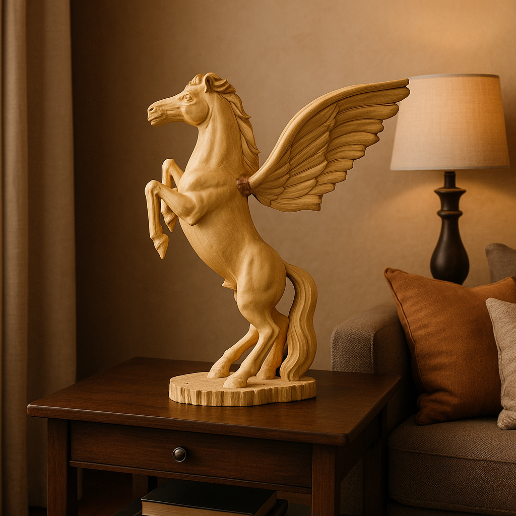 Handcrafted Wooden Pegasus Sculpture – Winged Horse Figurine