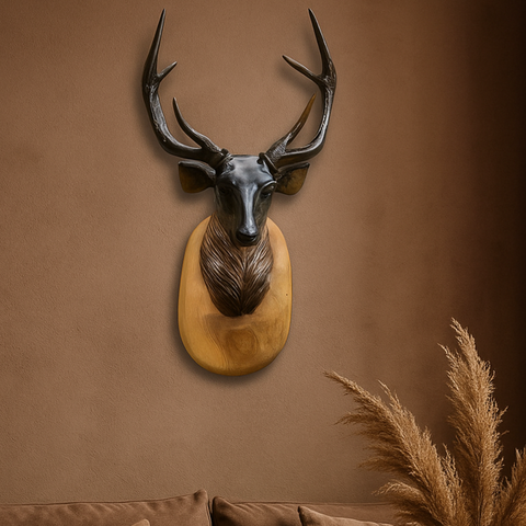 🦌 Deer Wall Hanging Wooden Head Sculpture – Handcrafted Home Décor Accent