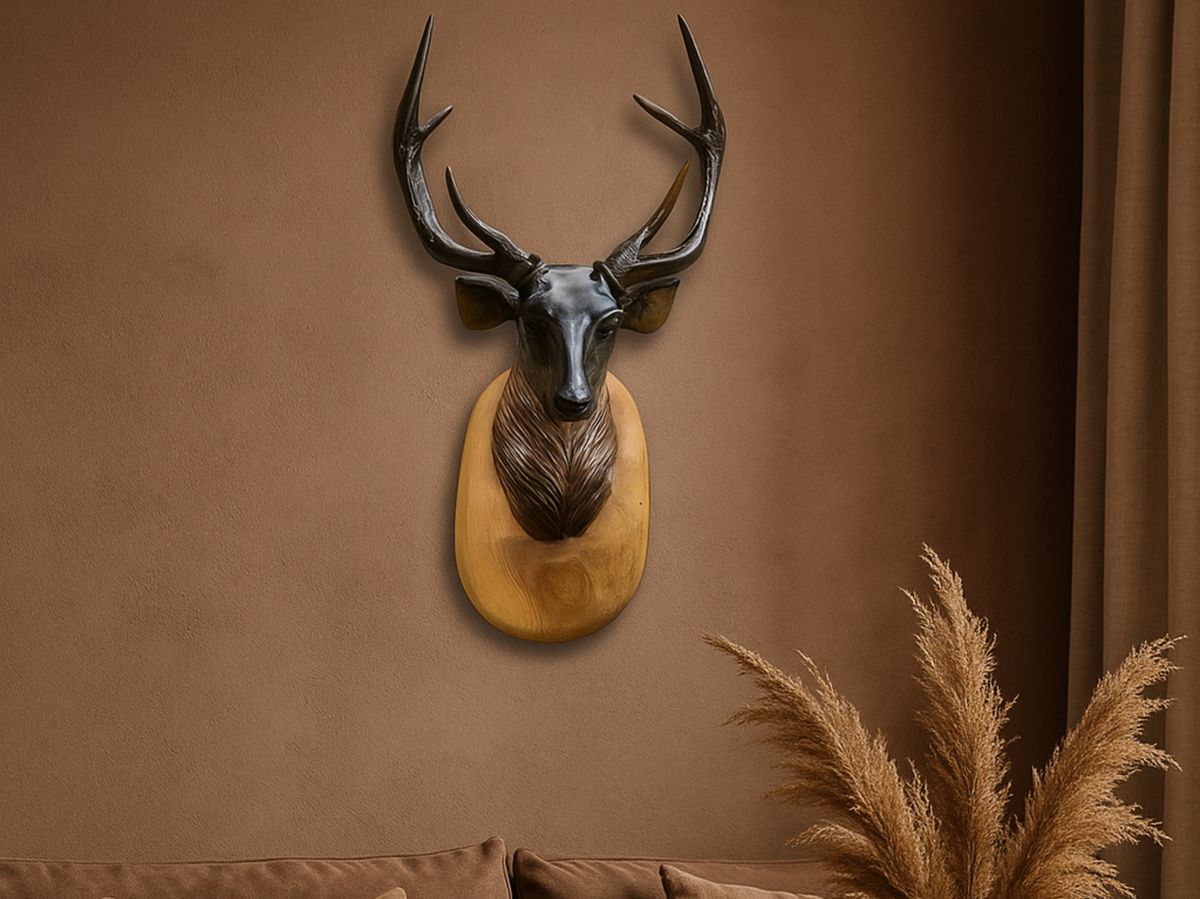 🦌 Deer Wall Hanging Wooden Head Sculpture – Handcrafted Home Décor Accent