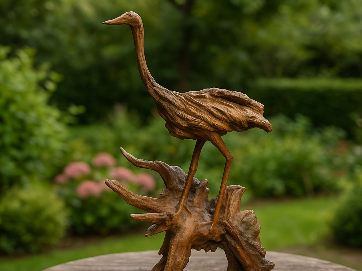 Handcrafted Wooden Crane Bird Sculpture on Root Base