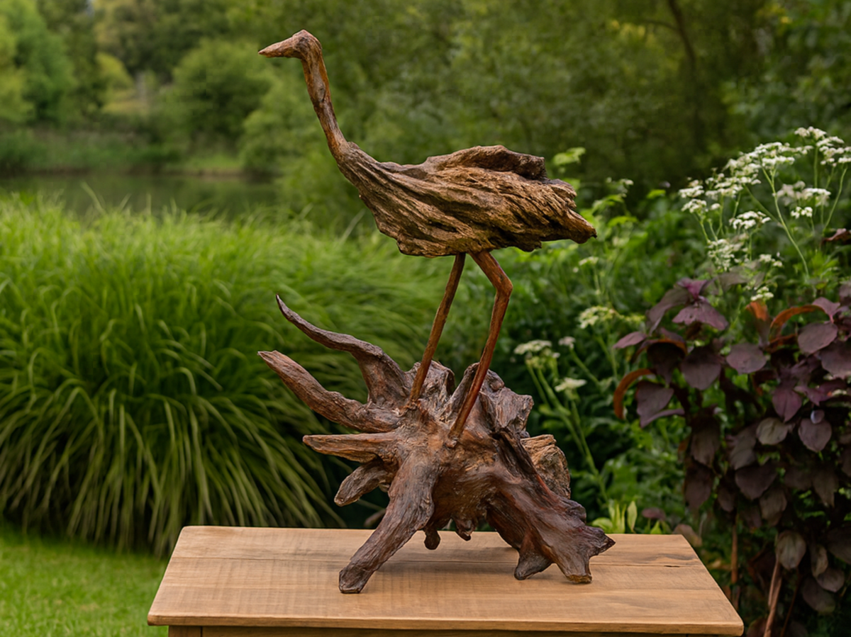 Handcrafted Wooden Crane Bird Sculpture on Root Base