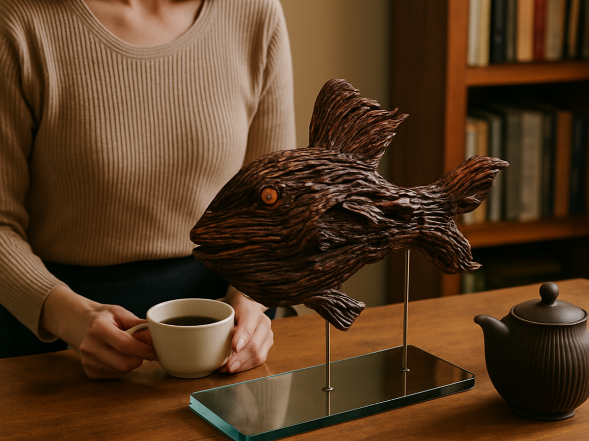 ๐ Handcrafted Wooden Fish Sculpture on Stand