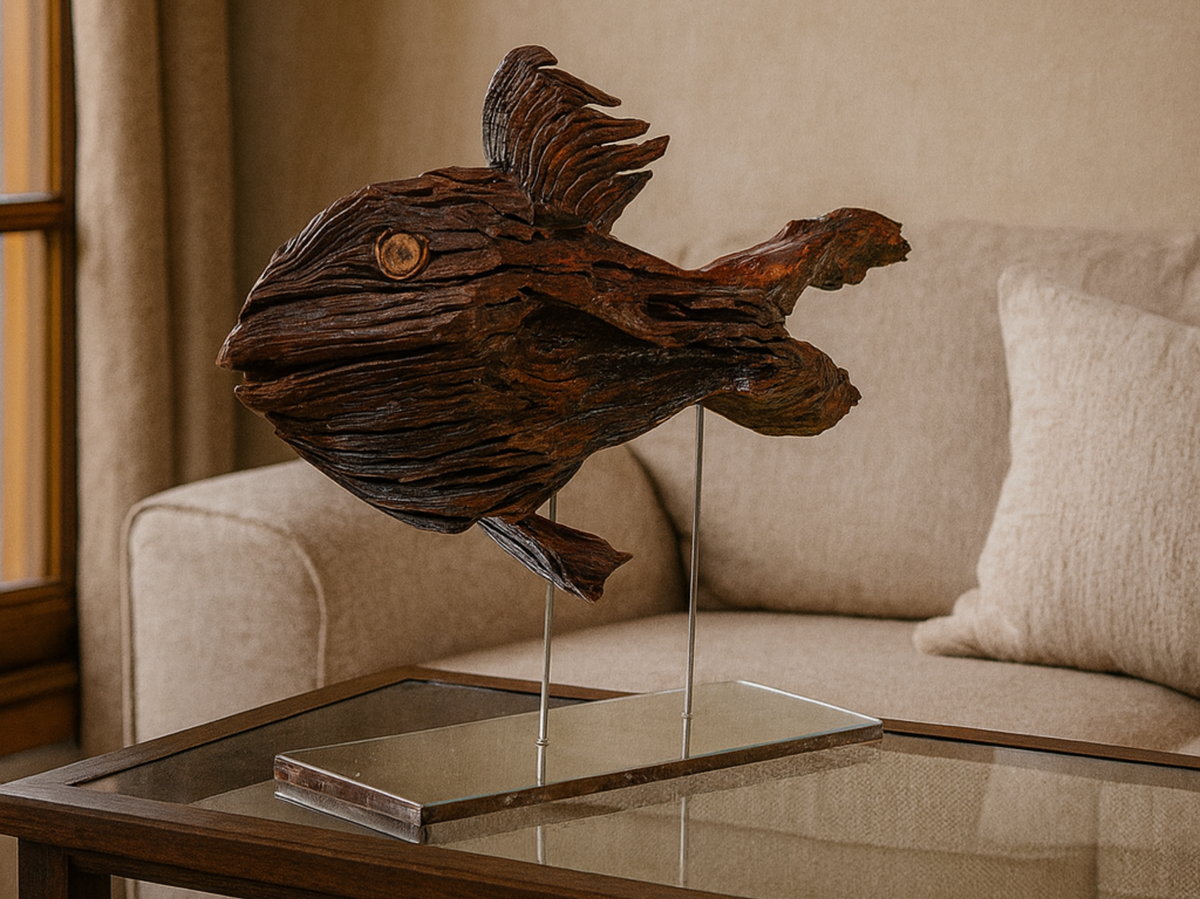 ๐ Handcrafted Wooden Fish Sculpture on Stand