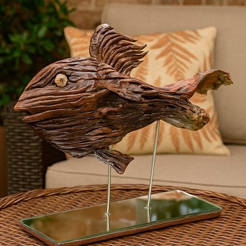 ๐ Handcrafted Wooden Fish Sculpture on Stand
