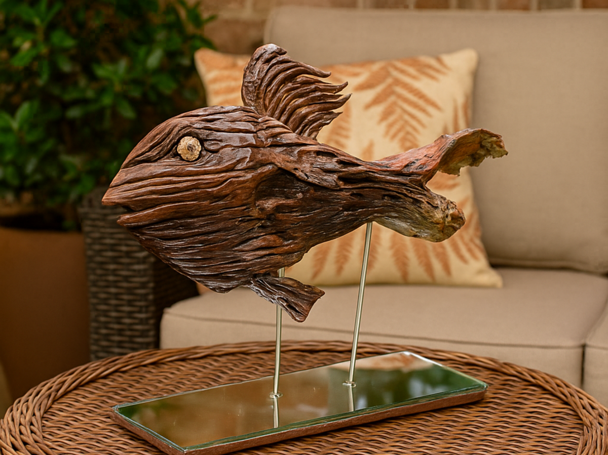 ๐ Handcrafted Wooden Fish Sculpture on Stand