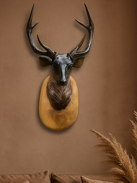 🦌 Deer Wall Hanging Wooden Head Sculpture – Handcrafted Home Décor Accent