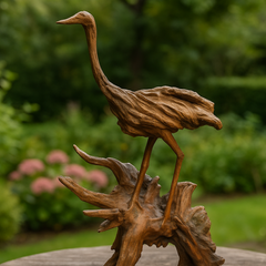 Handcrafted Wooden Crane Bird Sculpture on Root Base