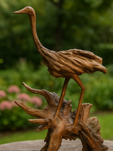 Handcrafted Wooden Crane Bird Sculpture on Root Base