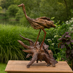Handcrafted Wooden Crane Bird Sculpture on Root Base