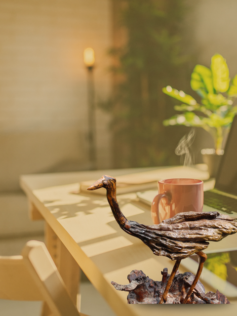 Handcrafted Wooden Crane Bird Sculpture on Root Base