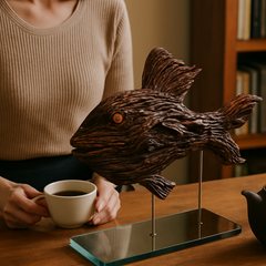 🌊 Handcrafted Wooden Fish Sculpture on Stand
