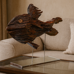 🌊 Handcrafted Wooden Fish Sculpture on Stand