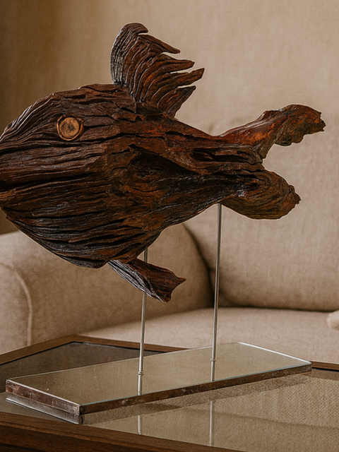 🌊 Handcrafted Wooden Fish Sculpture on Stand