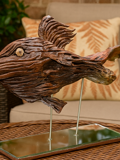 🌊 Handcrafted Wooden Fish Sculpture on Stand